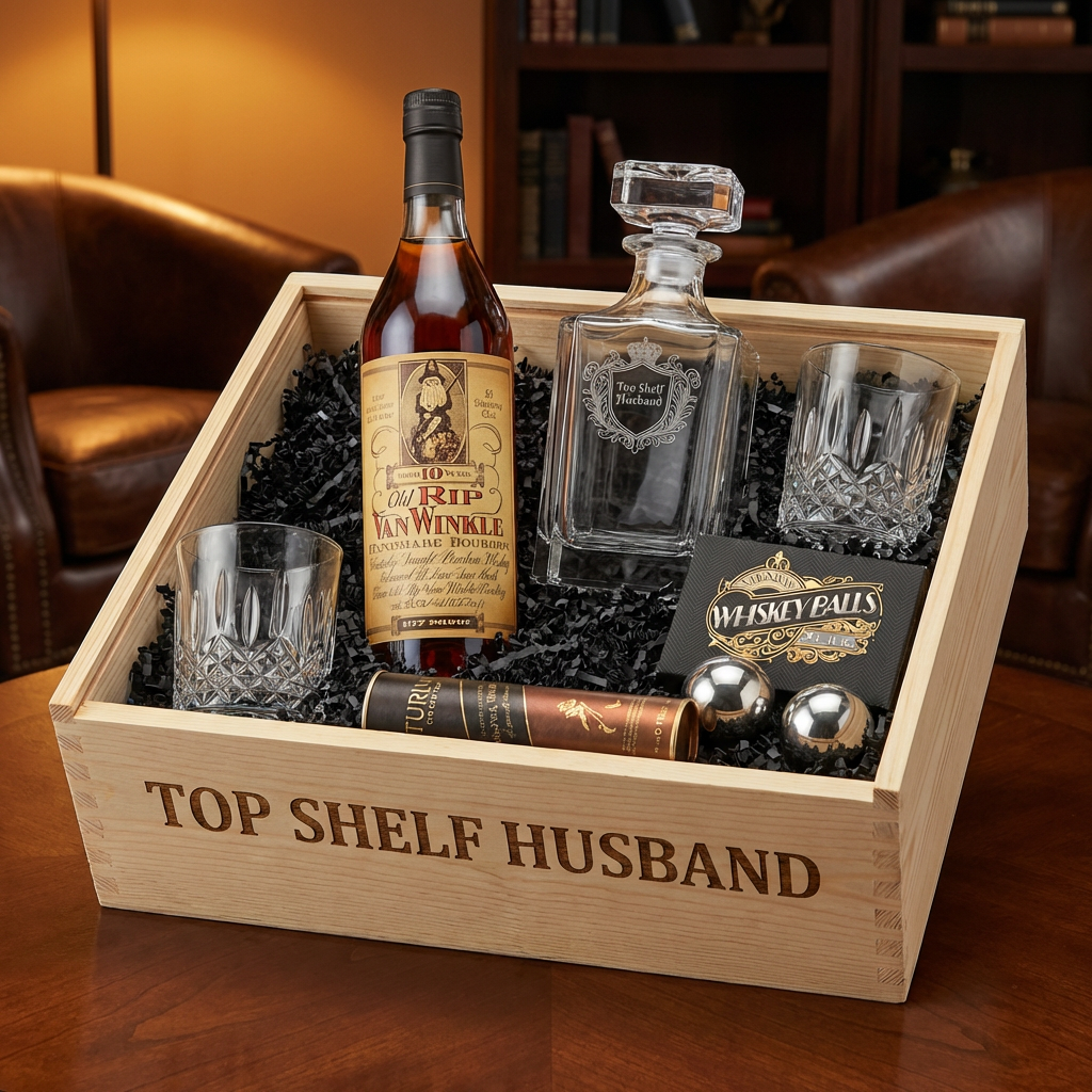 Old Rip Van Winkle 10 Year Bourbon Top Shelf Husband Gift Crate in natural wood with burned lettering, featuring "Top Shelf Husband" etched crystal decanter with royal crest design, two crystal cut old fashioned glasses, Whiskey Balls XL stainless steel ice spheres, and Turin bourbon chocolates with warm masculine ambient lighting