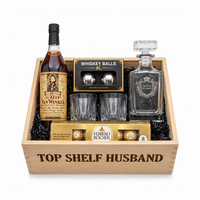 Old Rip Van Winkle 10 Year gift crate with Ferrero Rocher 8-piece chocolates on white background