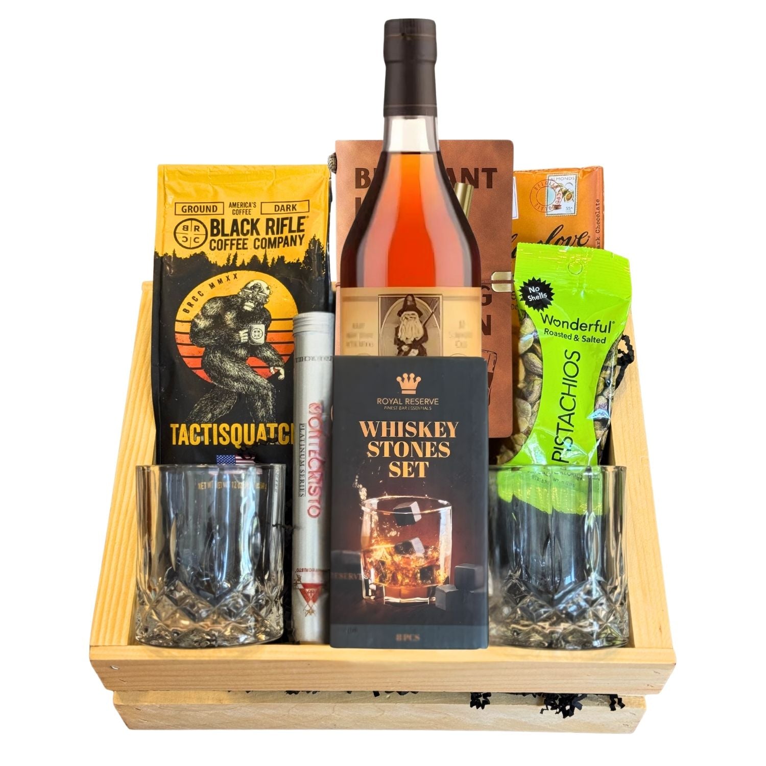 Old Rip Van Winkle 10 Year Top Shelf Gift Crate – engravable and gift-ready with bourbon, coffee, chocolate, pistachios, cigar, whiskey stones, journal, and glasses from Top Bourbon