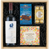 Opus One Napa Valley wine chocolate gift crate with Godiva assorted chocolates, Ferrero Rocher, and Ghirardelli sea salt caramel in a wooden box.
