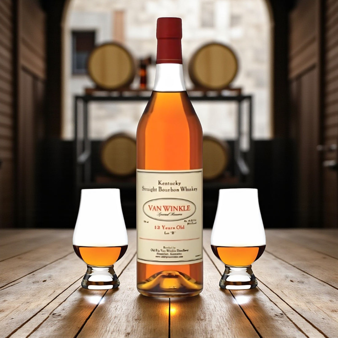 Engravable Pappy Van Winkle Special Reserve 12 Year Lot B Bourbon Gift Set with two Glencairn glasses on wooden barrel table – Top Bourbon lifestyle image