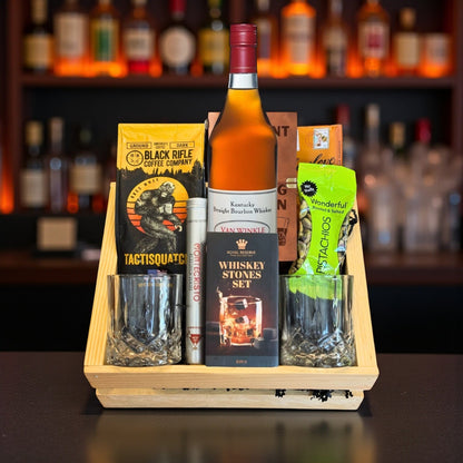 Engravable Pappy Van Winkle 12 Year Lot B Top Shelf Gift Crate displayed in a wooden crate with bourbon, glasses, coffee, and cigar – refined bourbon presentation from Top Bourbon