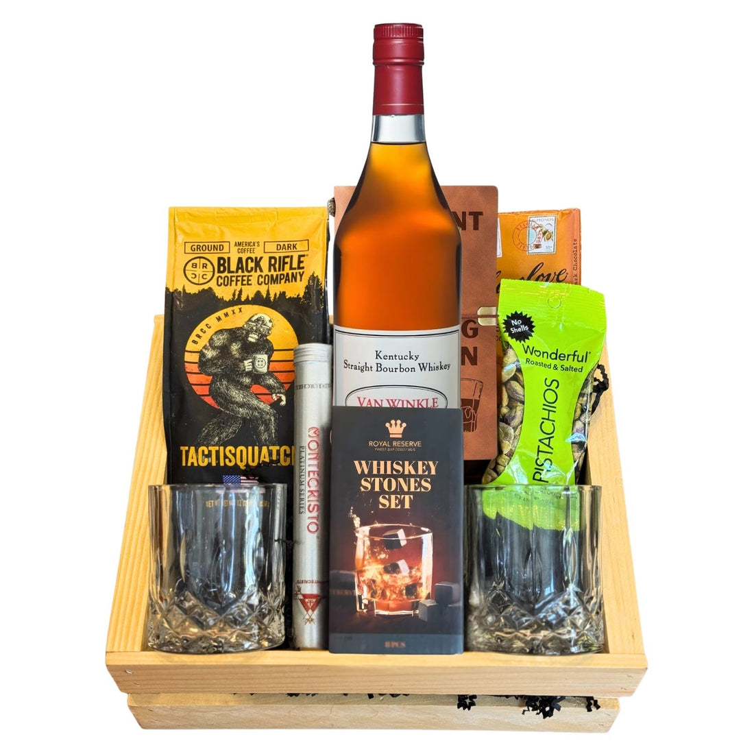 Engravable Pappy Van Winkle 12 Year Lot B Top Shelf Gift Crate on white background – includes bourbon, glasses, journal, coffee, and cigar – luxury bourbon gift from Top Bourbon