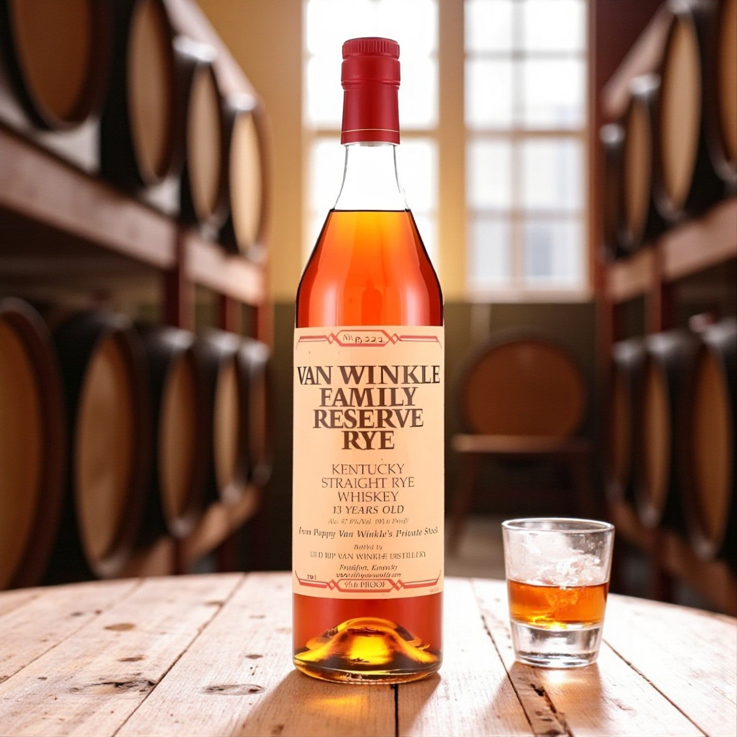 Engravable Pappy Van Winkle Family Reserve 13 Year Straight Rye Whiskey bottle on wooden barrel table beside glass of rye – Top Bourbon lifestyle image