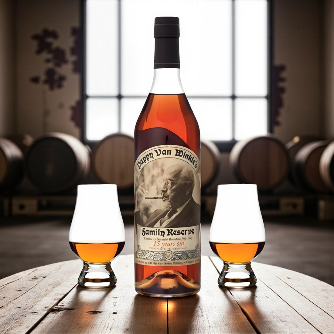 Engravable Pappy Van Winkle Family Reserve 15 Year Bourbon Gift Set with two Glencairn glasses on wooden barrel table – Top Bourbon lifestyle image