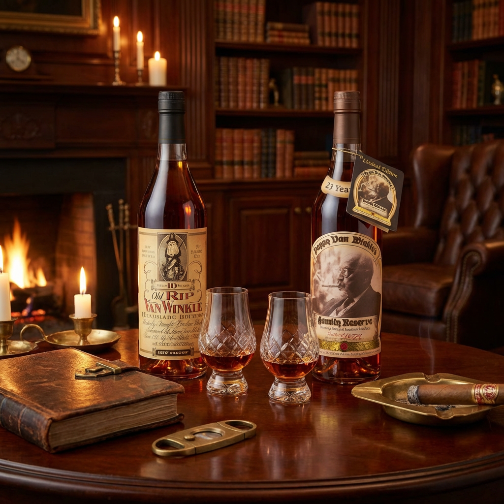 Pappy Van Winkle "The Bookends" Collection featuring Old Rip Van Winkle 10 Year 107 Proof and Pappy Van Winkle Family Reserve 23 Year Limited Edition bourbon bottles displayed in an elegant library setting with crystal glassware – 750ml collector&