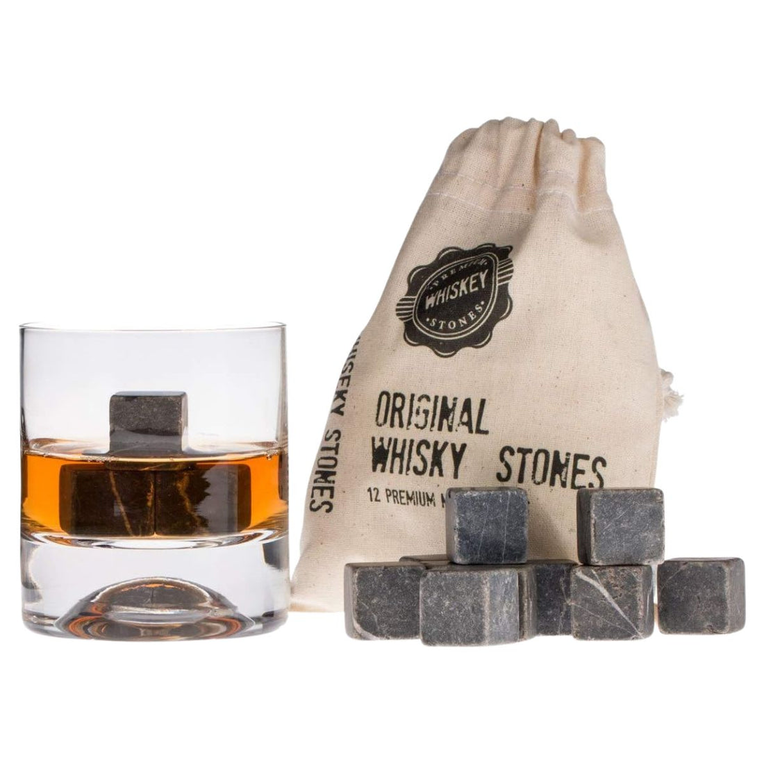 Premium Whiskey Stones Gift Set – 12 Marble Chilling Rocks with Storage Bag