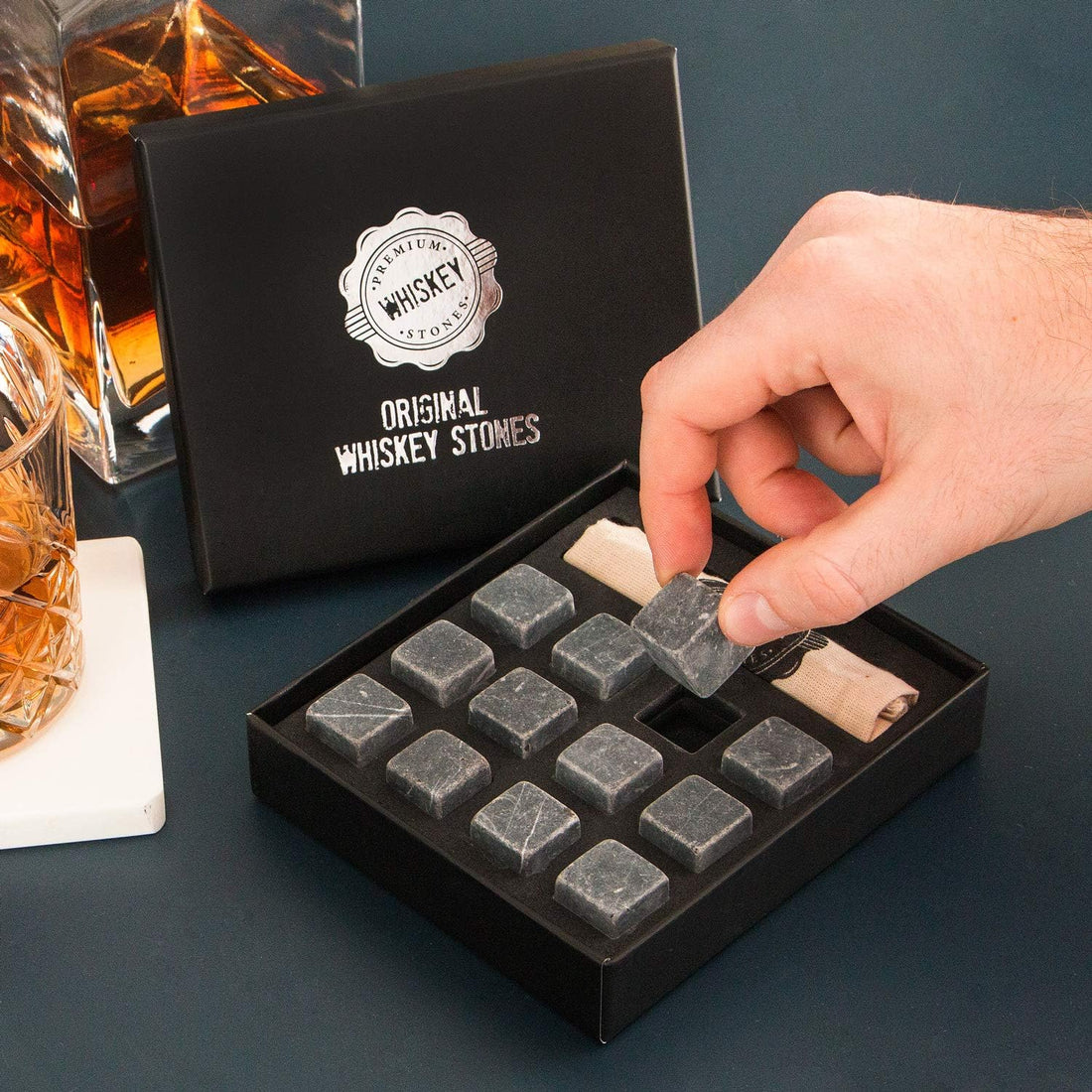 Premium Whiskey Stones Gift Set – 12 Marble Chilling Rocks with Storage Bag