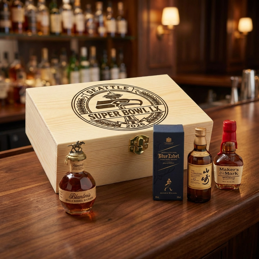 Seattle Seahawks Super Bowl LX 2026 Championship engraved wooden gift box displayed with four premium 50ml whiskey bottles including Blanton&