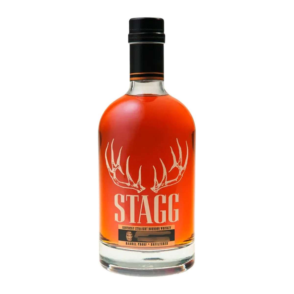 Front view of Stagg Batch 25B 126.9-proof Kentucky bourbon; black cherry, caramel and cocoa notes.