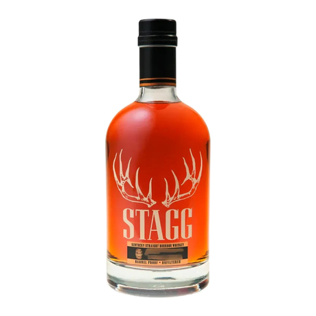 Front view of Stagg Batch 25B 126.9-proof Kentucky bourbon; black cherry, caramel and cocoa notes.
