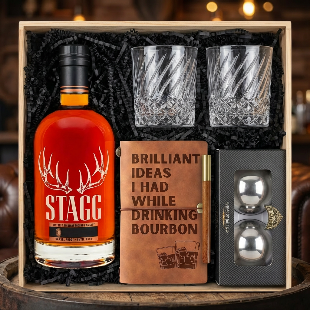 Stagg Kentucky Straight Bourbon Whiskey barrel proof gift crate with antler logo bottle, twisted crystal-cut old fashioned glasses, tan leather bourbon journal and pen set, and Stanley&