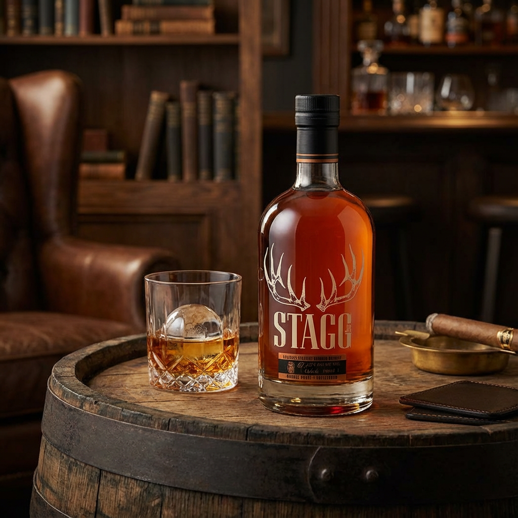 Stagg Jr Kentucky Straight Bourbon Whiskey bottle with antler logo displayed on aged oak barrel surface with crystal rocks glass, large ice sphere, and moody bourbon bar ambiance