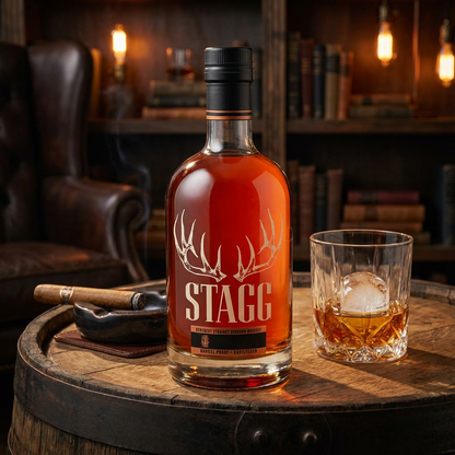 Stagg Kentucky Straight Bourbon Whiskey bottle with antler logo and barrel proof unfiltered label displayed on aged oak barrel surface with crystal rocks glass, large ice sphere, and warm bourbon bar ambiance with moody amber lighting