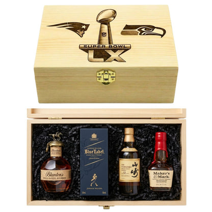 Super Bowl LX Patriots vs Seahawks Whiskey Collection engraved wooden box with New England Patriots and Seattle Seahawks logos containing Blanton&