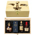Super Bowl LX Patriots vs Seahawks Whiskey Collection engraved wooden box with New England Patriots and Seattle Seahawks logos containing Blanton&