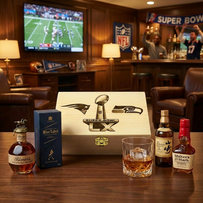 Super Bowl LX whiskey gift box lifestyle scene in upscale man cave with TV showing football, featuring small landscape rectangle pine wood keepsake box with laser-engraved Vince Lombardi Trophy, Patriots and Seahawks logos with LX numerals, Blanton&