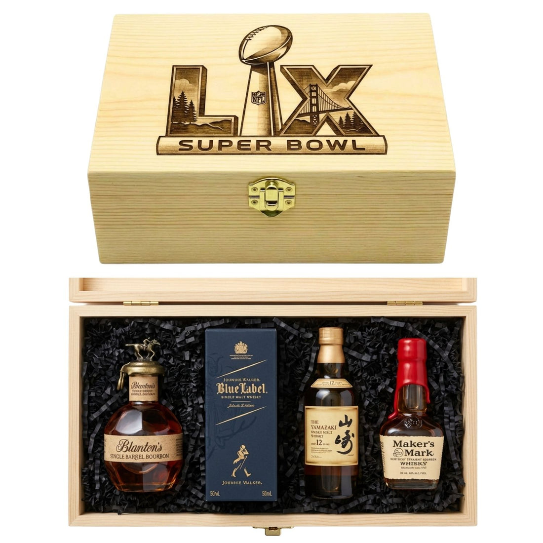 Super Bowl LX wooden gift box with laser-engraved lid featuring Lombardi Trophy and Golden Gate Bridge design, open box displaying Blanton&