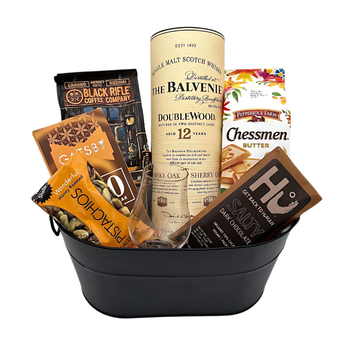 The Balvenie 12 Year Gift Basket – Black Rifle Coffee, Artisan Treats & Glencairn Glass