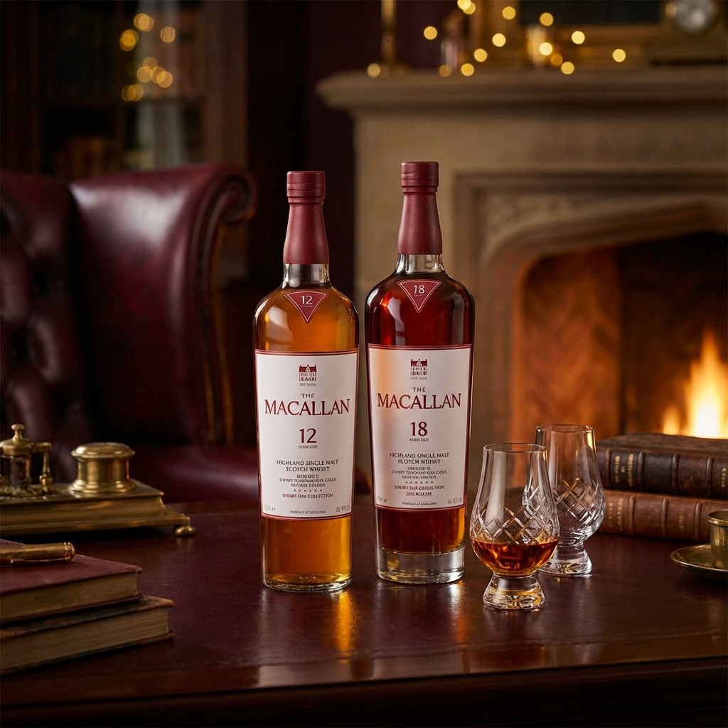 The Macallan 12 Year Old and 18 Year Old Sherry Oak Highland Single Malt Scotch Whisky bundle lifestyle scene featuring both bottles with burgundy wax tops displayed together with crystal whisky glasses on rich mahogany surface in upscale Scottish manor library setting with warm ambient lighting.