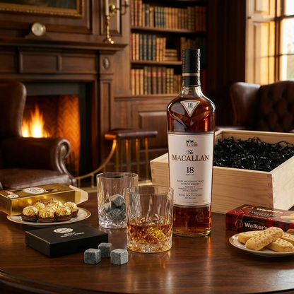 The Macallan 18 Year Old Double Cask Highland Single Malt Scotch Whisky gift crate lifestyle scene with single bottle featuring white background cap badge, two crystal-cut whiskey glasses with neat pour, Original Whiskey Stones, Ferrero Rocher chocolates, Walker&