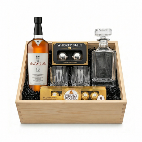 The Macallan 18 Year Double Cask gift crate with Ferrero Rocher 8-piece chocolates on white background