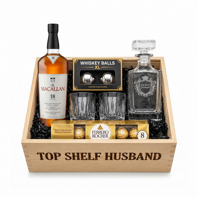 The Macallan 18 Year Double Cask gift crate with Ferrero Rocher 8-piece chocolates on white background