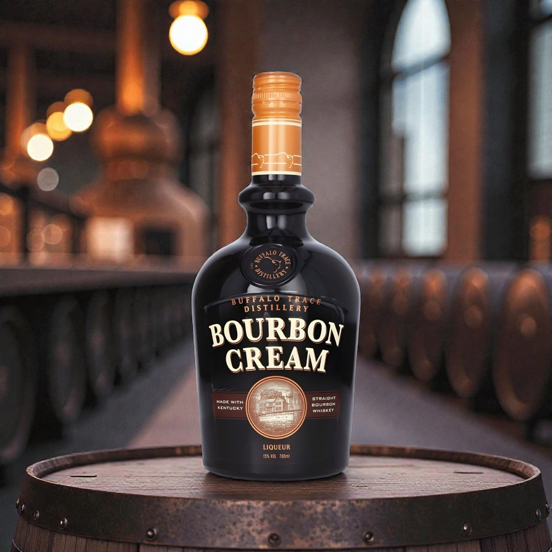 Buffalo Trace Bourbon Cream 750ml bottle sitting on a wooden barrel inside a warm distillery setting, premium bourbon cream liqueur