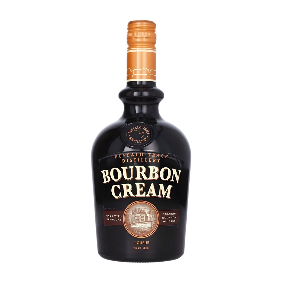 Buffalo Trace Bourbon Cream 750ml bottle on white background, Kentucky bourbon cream liqueur with vanilla and caramel notes