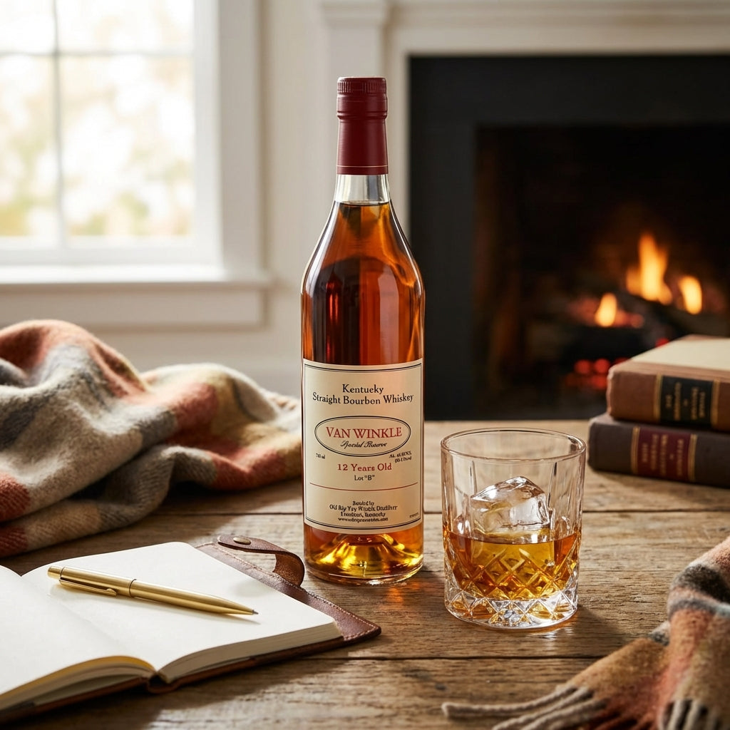 Van Winkle whiskey bottle and glass on a wooden table with a fireplace in the background