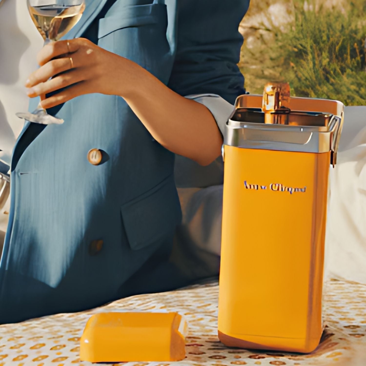 Engravable Veuve Clicquot Brut Yellow Label Champagne with cooler at elegant outdoor picnic – Top Bourbon lifestyle photo