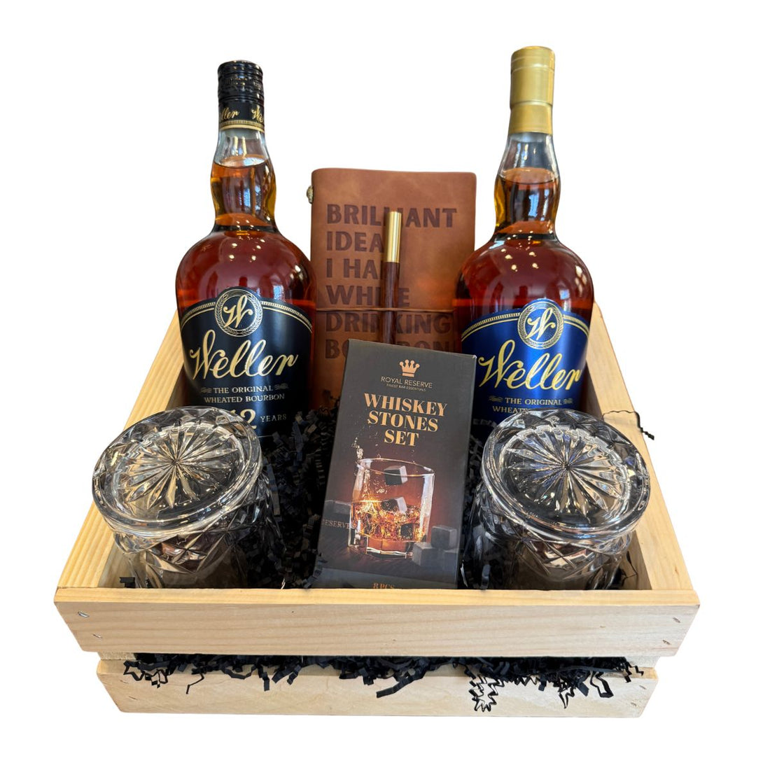 W.L. Weller 12 &amp; Weller Full Proof Gift Crate – Bourbon, Old-Fashioned Glasses, Whiskey Stones &amp; Leather Journal