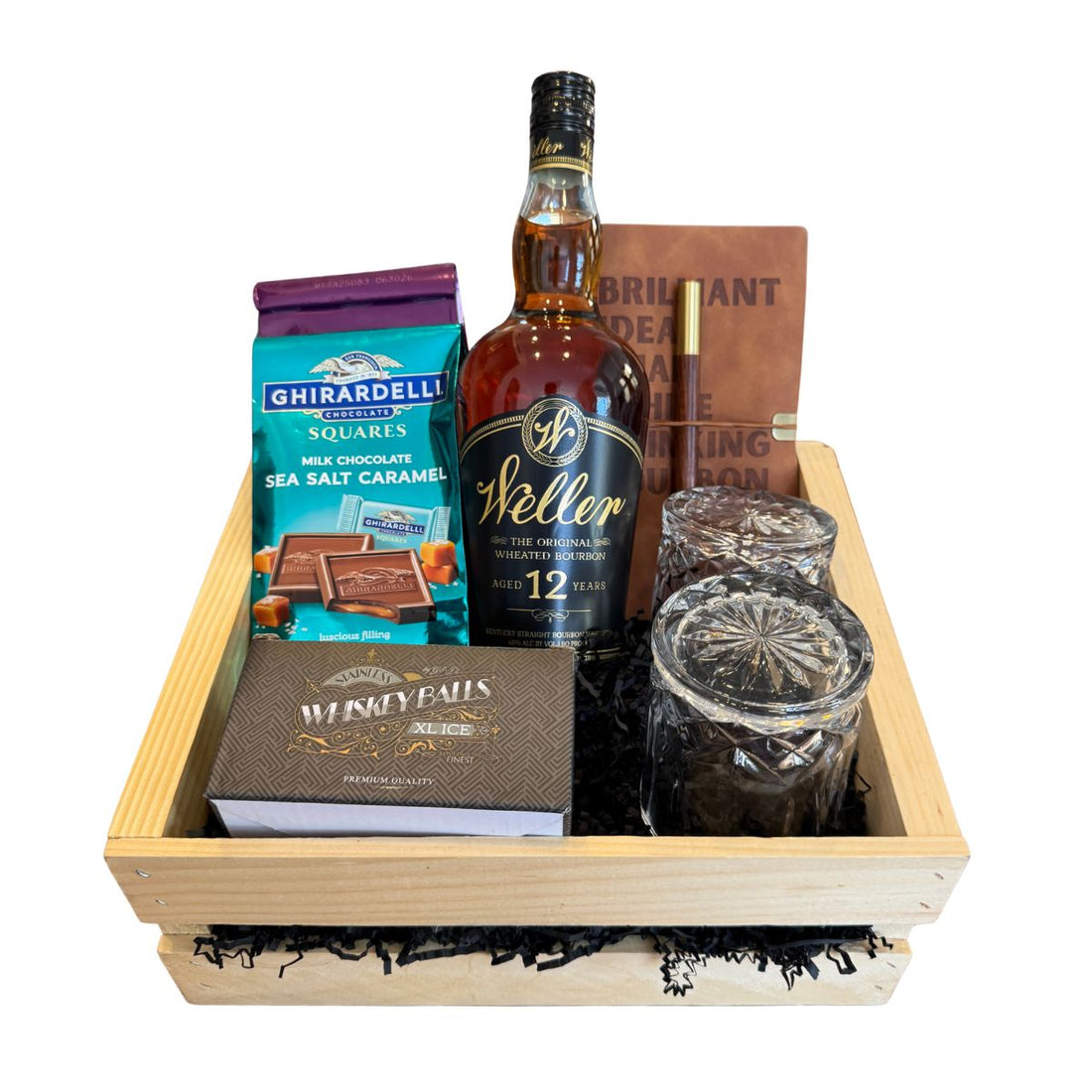 W.L. Weller 12 Gift Crate – Bourbon, Chocolate, Old-Fashioned Glasses, Whiskey Balls &amp; Leather Journal