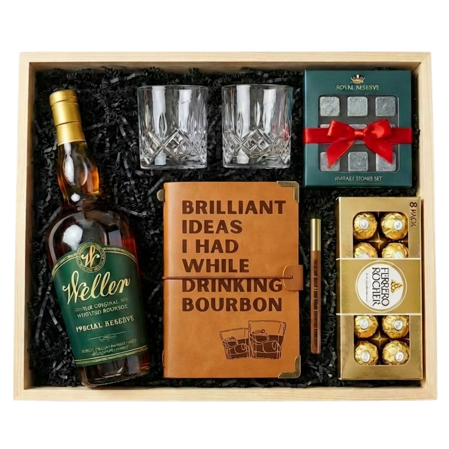 W.L. Weller Special Reserve Gold Foil Edition Gift Crate featuring wheated bourbon with premium gold foil top, two crystal-cut old-fashioned glasses, bourbon journal with pen, whiskey stones set, and Ferrero Rocher chocolates in natural wood crate with black crinkle fill