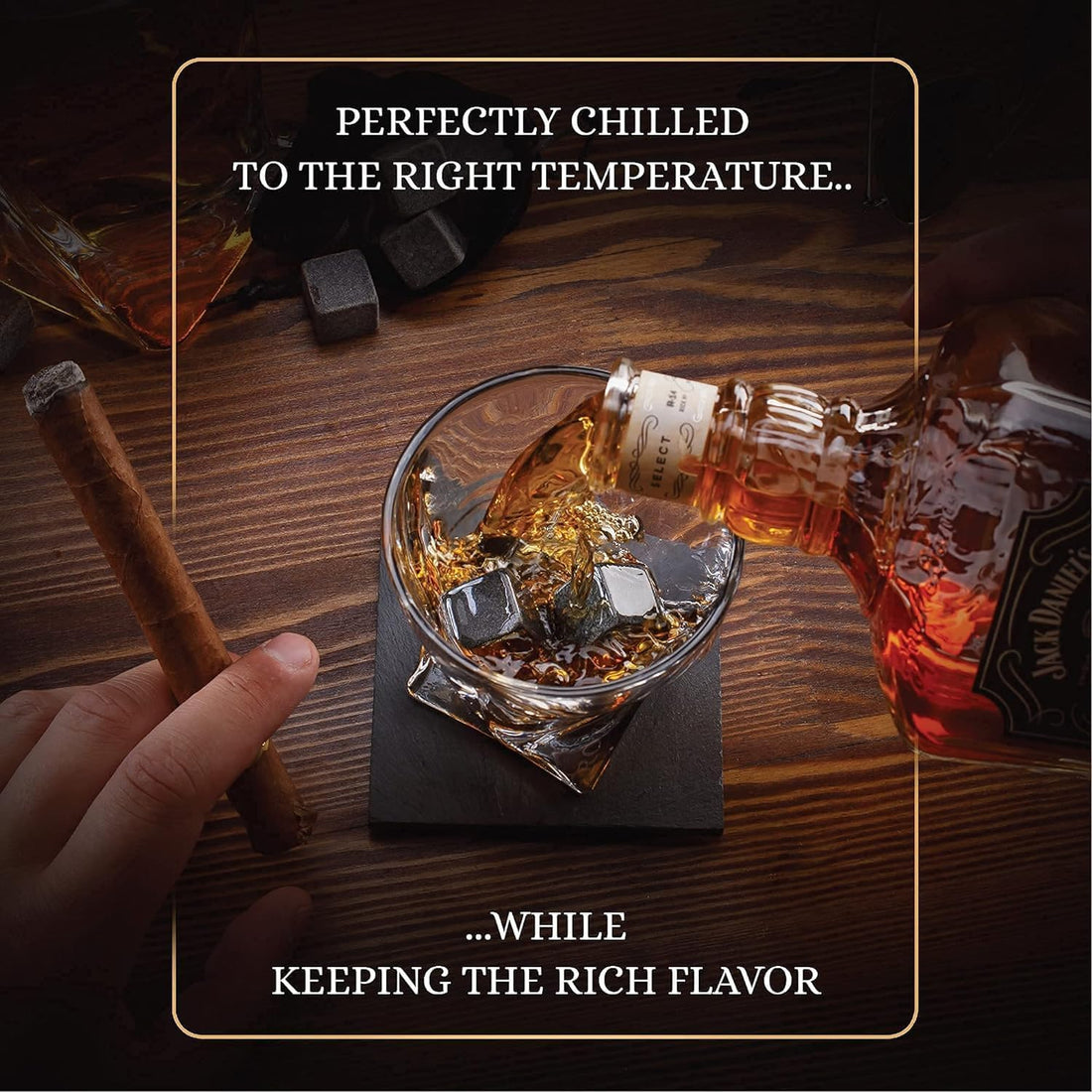 Whiskey Stones Gift Set – 8 Granite Chilling Rocks with Wooden Tray