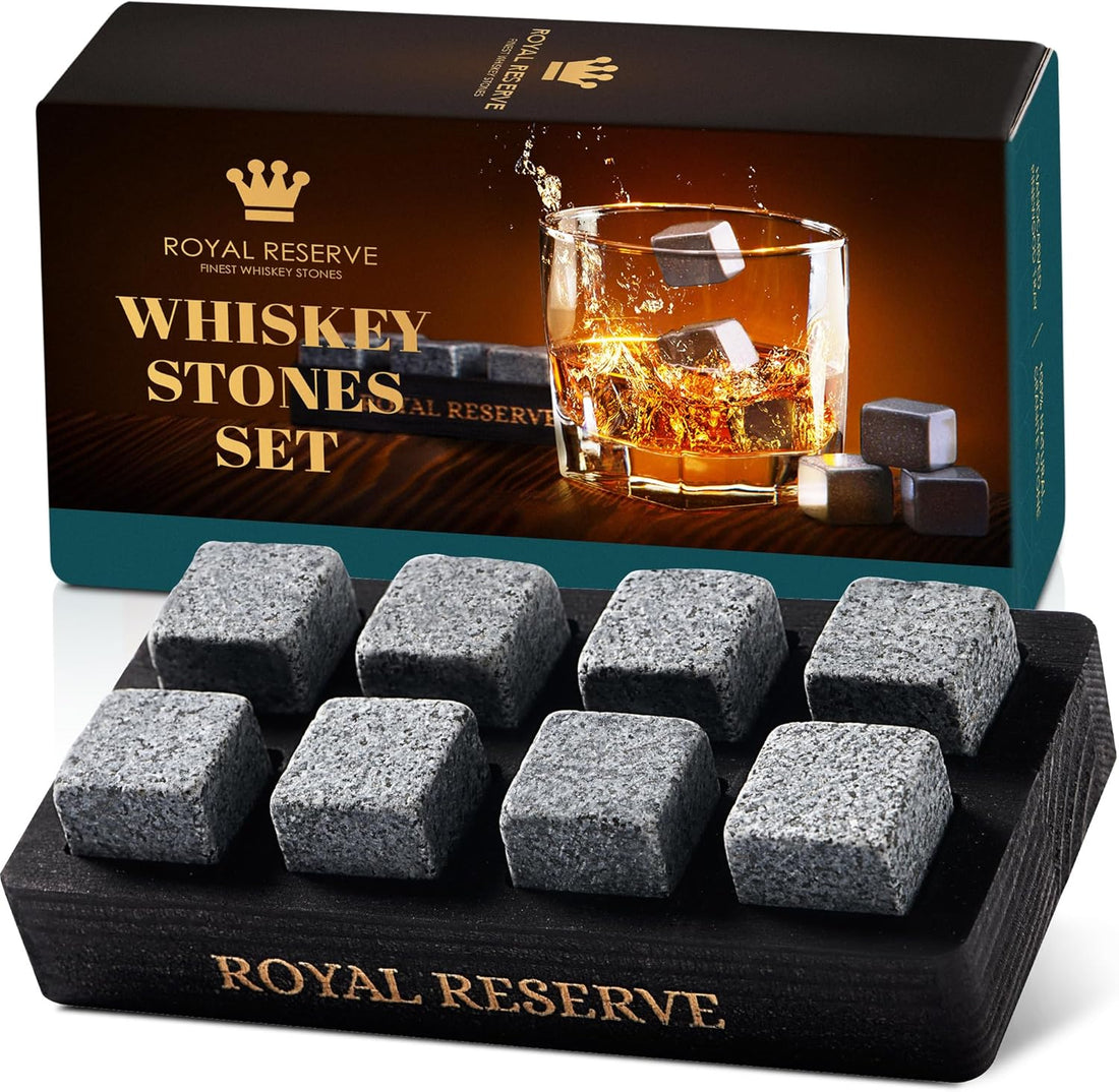 Whiskey Stones Gift Set – 8 Granite Chilling Rocks with Wooden Tray