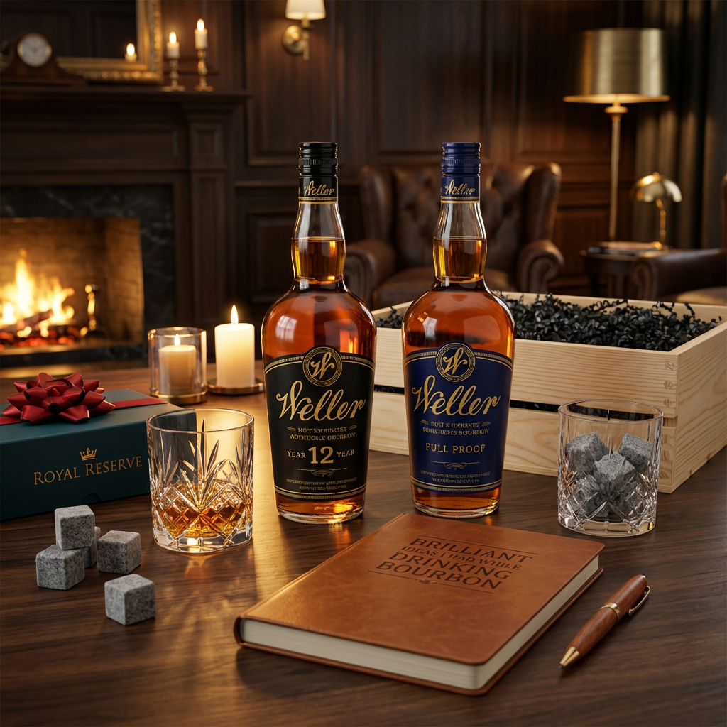 W.L. Weller 12 Year and Full Proof Wheated Bourbon gift crate lifestyle scene with both bottles featuring gold Weller script labels, old-fashioned crystal-cut whiskey glasses with neat pour, Royal Reserve Whiskey Stones, Brilliant Ideas leather bourbon journal with wooden pen, and open wooden crate on dark walnut table in upscale lounge setting with warm ambient lighting.