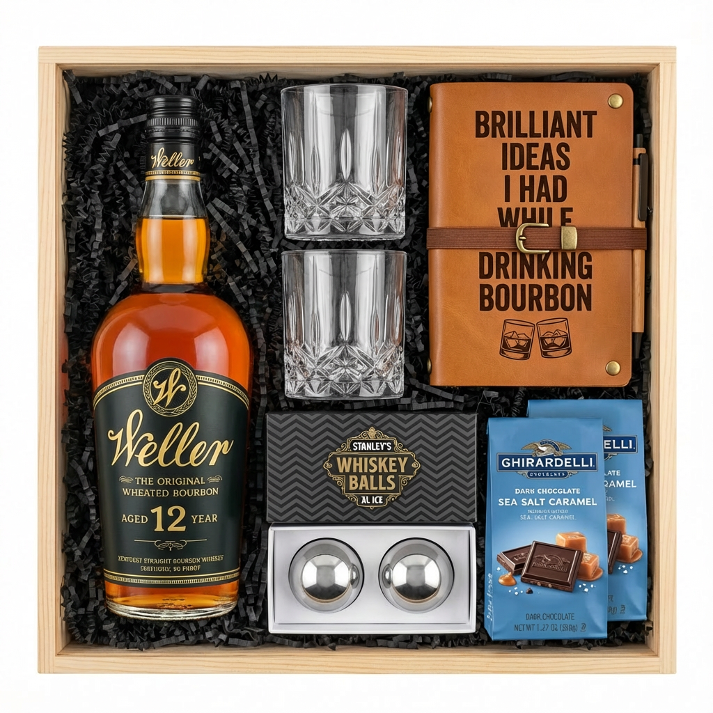 Bird's eye view of W.L. Weller 12 Year Wheated Bourbon gift crate with black label and gold text, crystal-cut old fashioned glasses, tan leather bourbon journal and pen set, Stanley's XXL stainless steel whiskey balls with rectangular freezer tray, and two Ghirardelli Dark Chocolate Sea Salt Caramel bags all nestled in black zigzag crinkle paper inside wooden crate on white background