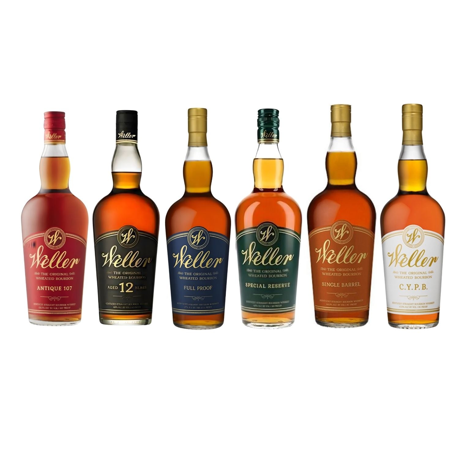 W.L. Weller Ultimate Collection 6-bottle bundle featuring Full Proof, Special Reserve, Antique 107, 12 Year, Single Barrel, and CYPB Kentucky Straight Bourbon Whiskey 750ml bottles from Buffalo Trace Distillery