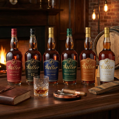 W.L. Weller Bourbon Ultimate Collection lifestyle scene featuring six 750ml bottles - Antique 107, 12 Year, Full Proof, Special Reserve, Single Barrel, and C.Y.P.B. - displayed together with crystal bourbon glasses on rich dark wood surface in rustic-luxe bourbon den setting with warm ambient lighting.