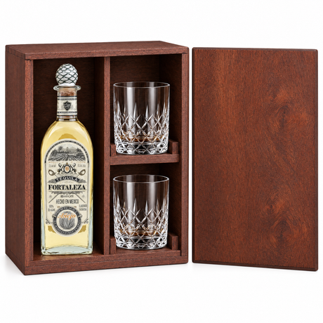 Fortaleza Añejo Tequila 750ml in a mahogany wooden gift box with two crystal rocks glasses