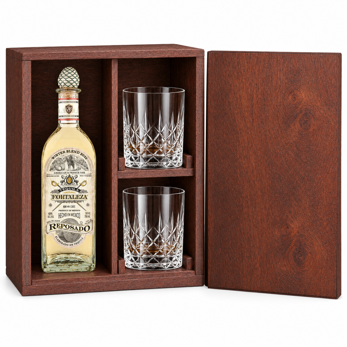 Fortaleza Reposado Tequila – Winter Blend 750ml in a mahogany wooden gift box with two crystal rocks glasses