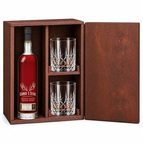 George T. Stagg 2025 750ml in a mahogany wooden gift box with two crystal rocks glasses