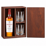 The Macallan 12 Year Sherry Oak 750ml in a mahogany wooden gift box with two crystal rocks glasses