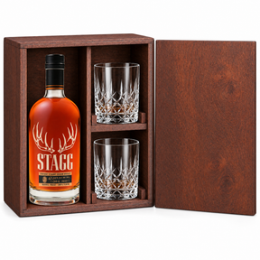 Stagg Bourbon Batch 26B 750ml in a mahogany wooden gift box with two crystal rocks glasses