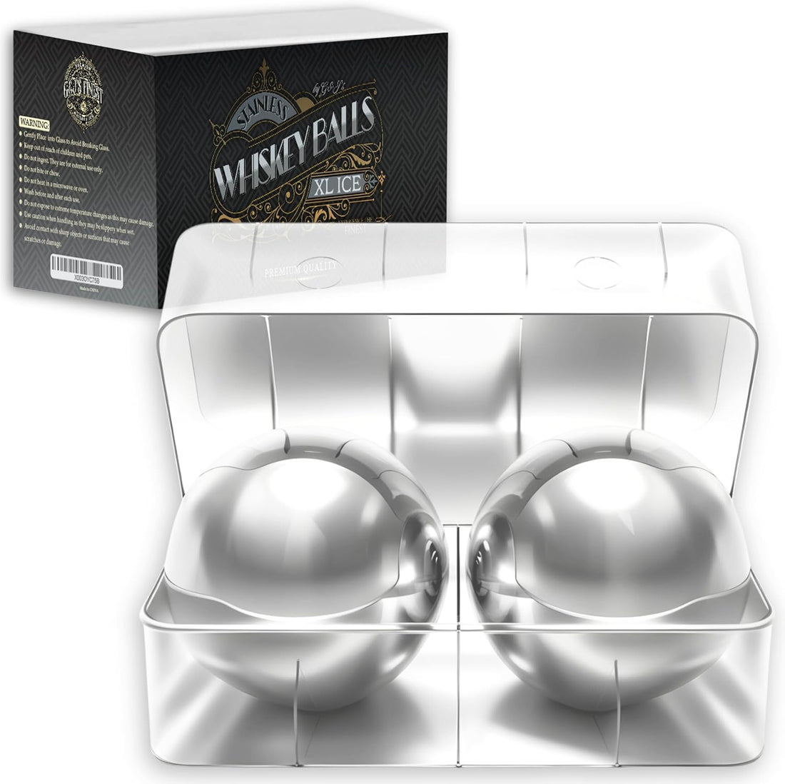 XXL Whiskey Chilling Balls – Set of 2 Stainless Steel Spheres with Freezer Tray (55mm)