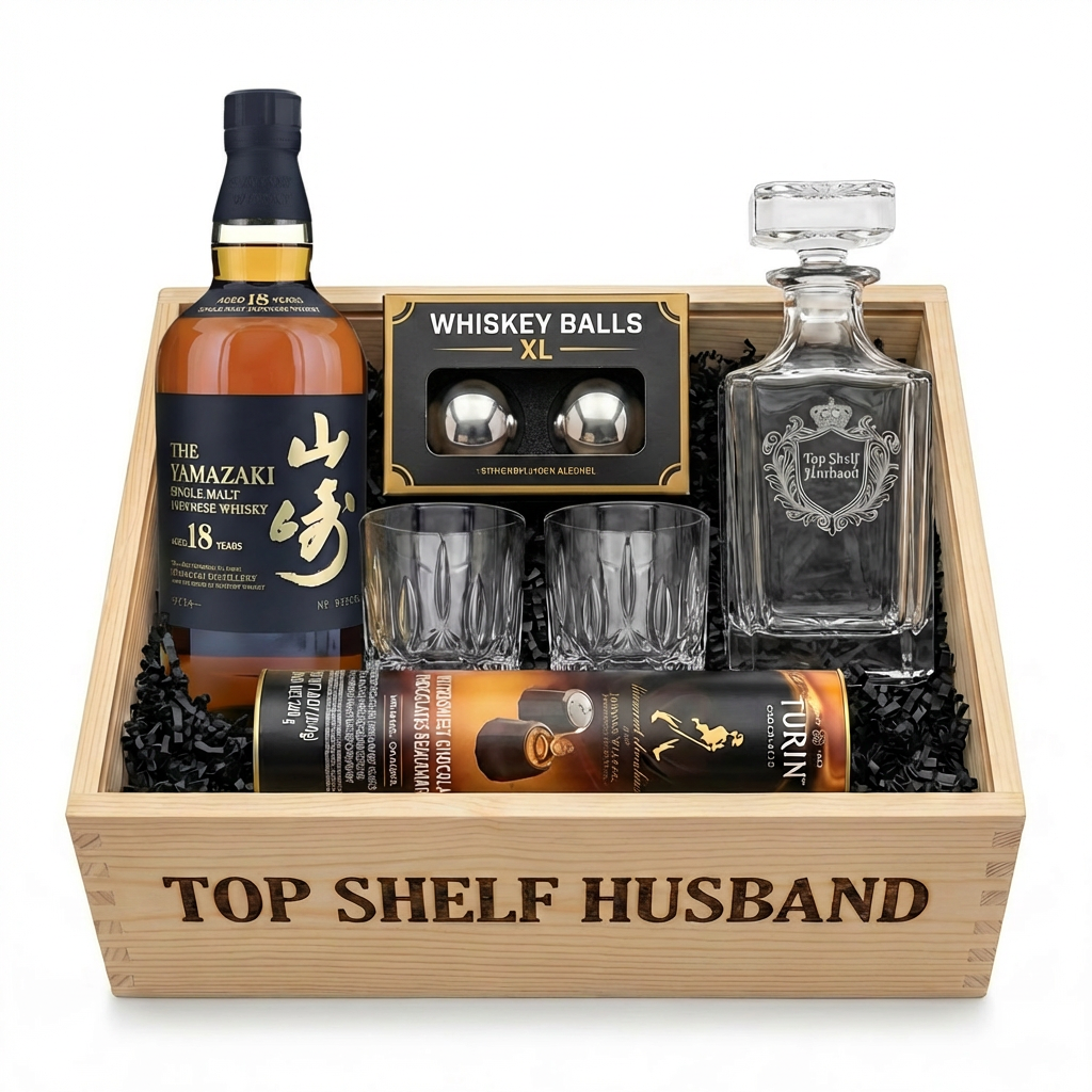 Yamazaki 18 Year Single Malt Japanese Whisky "Top Shelf Husband" Gift Crate featuring engraved decanter, two crystal-cut old-fashioned glasses, stainless-steel whiskey balls with freezer tray, and Turin liquor-filled chocolates in an engraved wooden crate